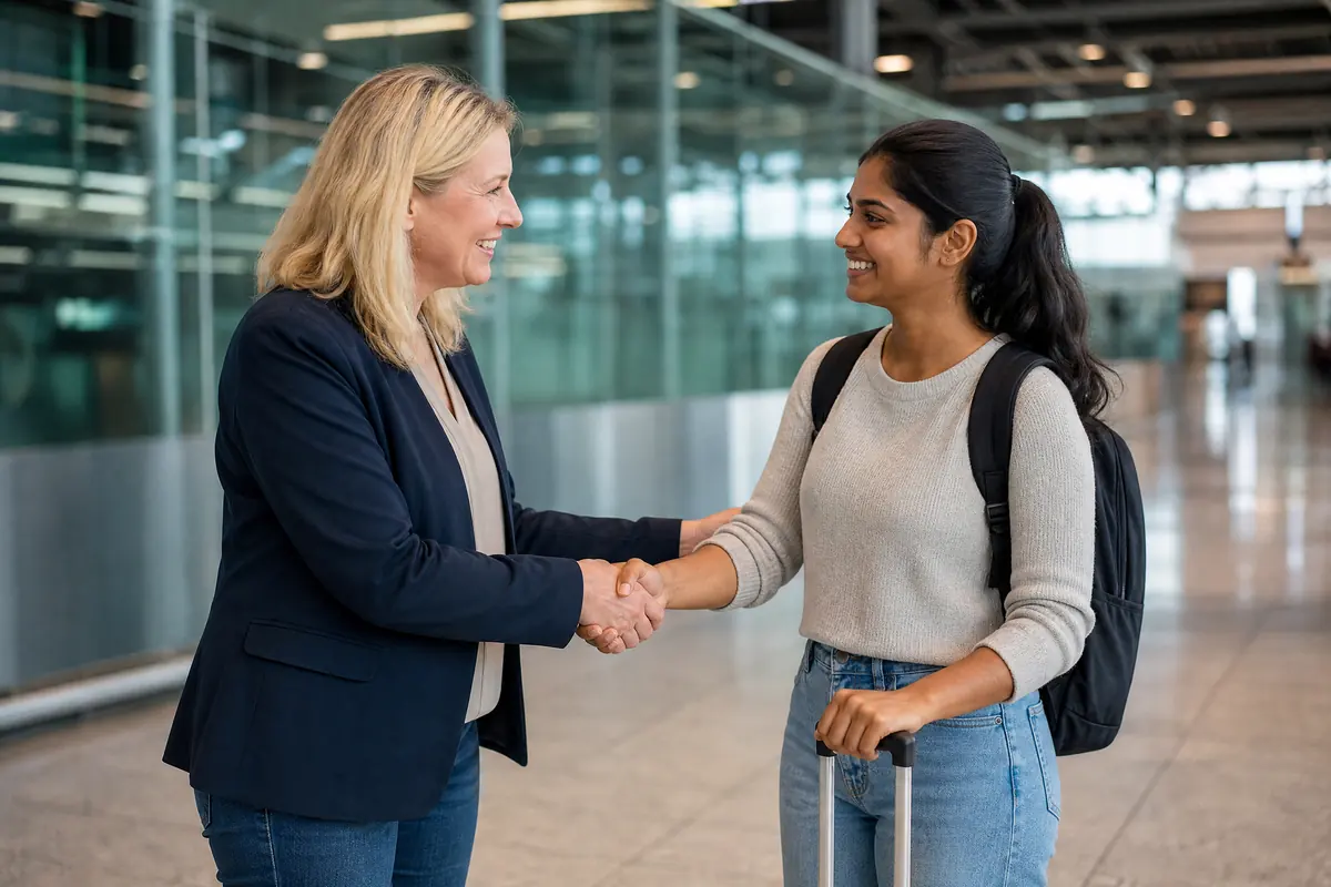 Neue Pflegekraft aus Indien wird am Flughafen begrüßt