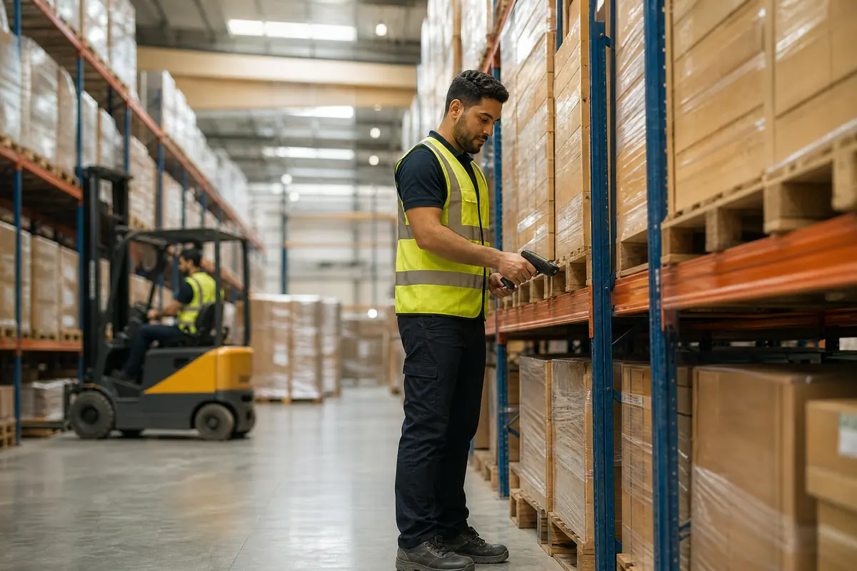 Ägyptischer Lagerlogistiker scannt Ware im Logistikzentrum